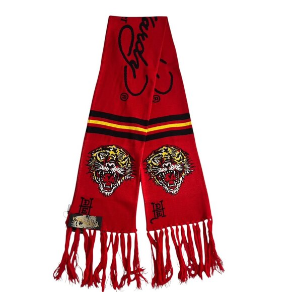 Ed Hardy By Christian Audigier NWT Red Scarf Tiger Designer Fringes Tattoo Logo - Picture 1 of 7
